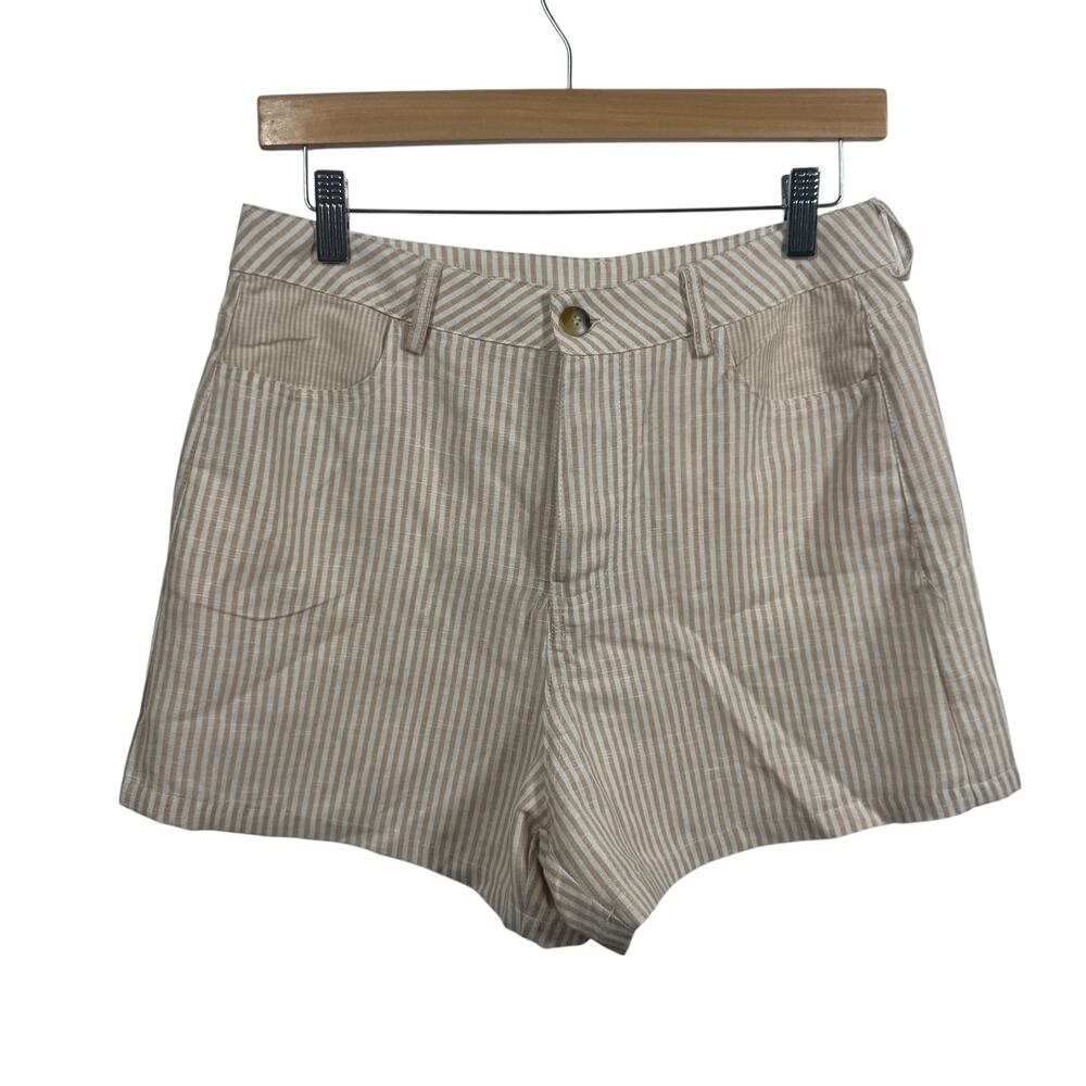 Elle Grey Short Women M White Tan Stripe Linen Blend Pocket Coastal Quite Luxury